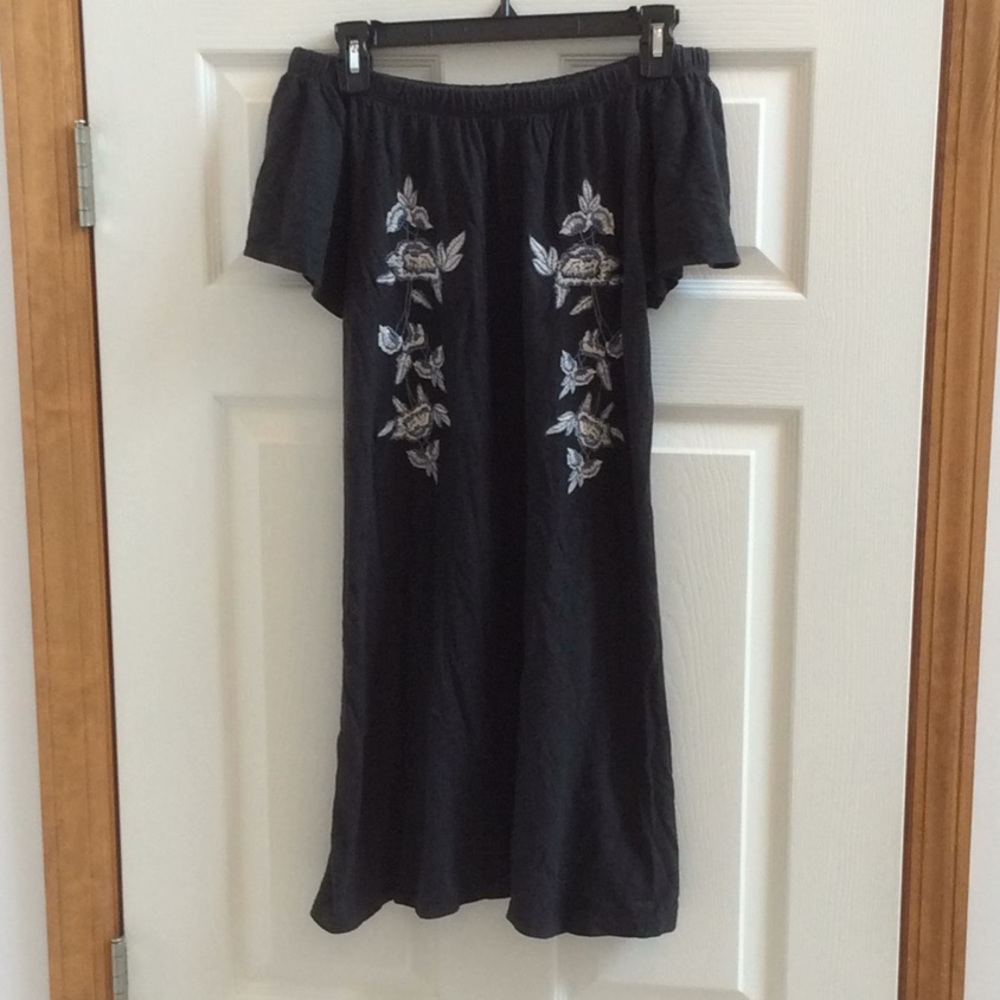 TOPSHOP Charcoal Gray Blue Floral Embroidered Off The Shoulder Dress- Size Small
